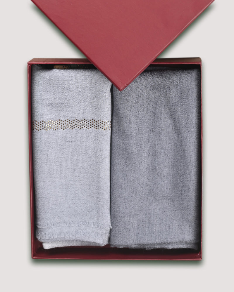 Grey Fine Single Line Crystal Border Stole & Grey Fine Wool Diamond Weave Stole Combo