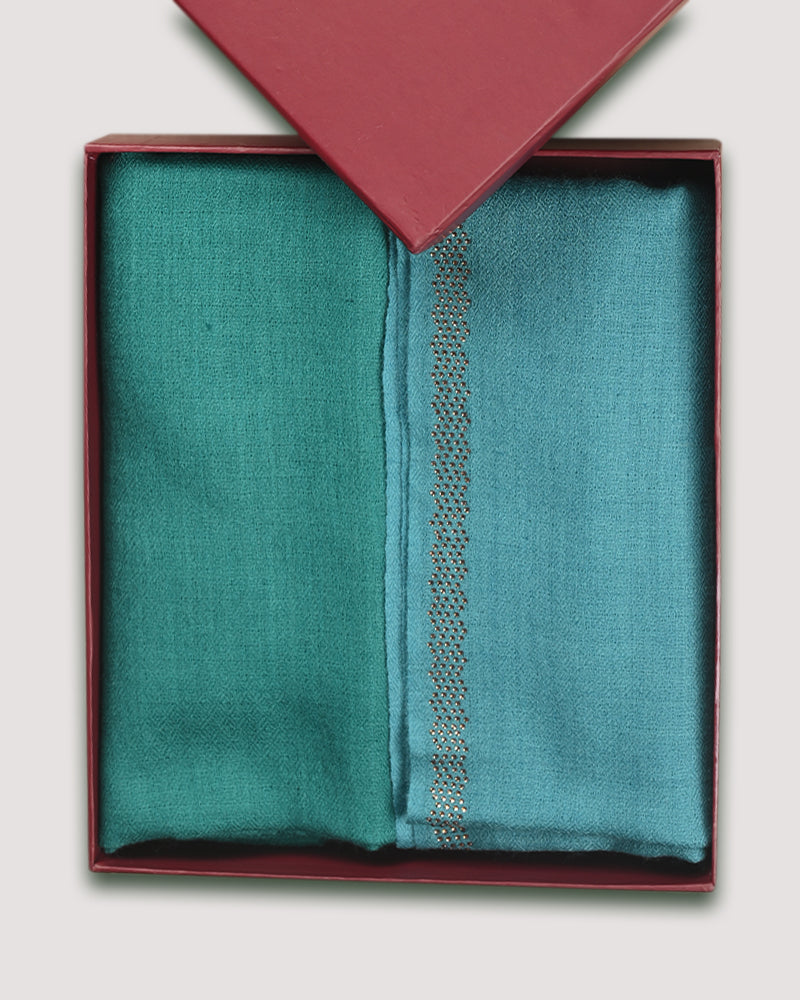 Turquoise Fine Single Line Crystal Border Stole & Turquoise Fine Wool Diamond Weave Stole Combo