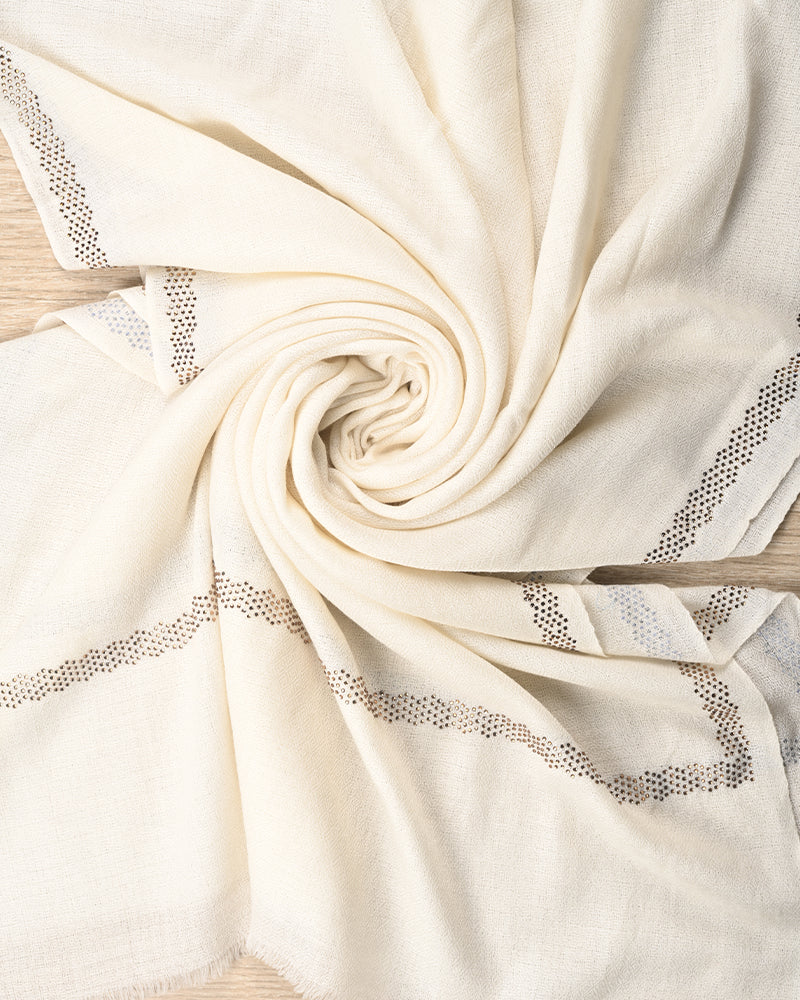 White Pashmina Wool Single Line Crystal Border Stole