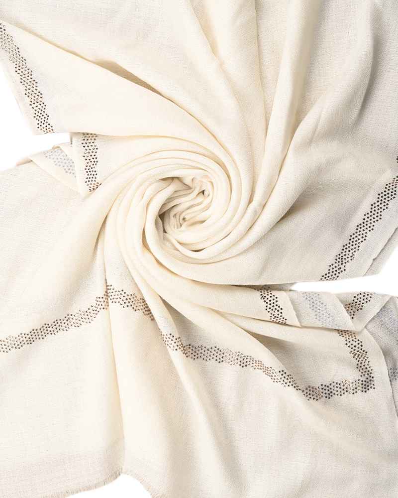 White Pashmina Wool Single Line Crystal Border Stole