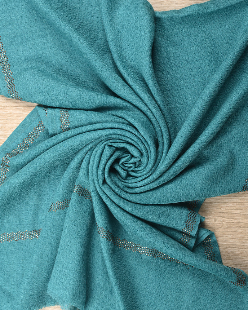 Pashmina Wool Single Line Crystal Border Stole Turquoise