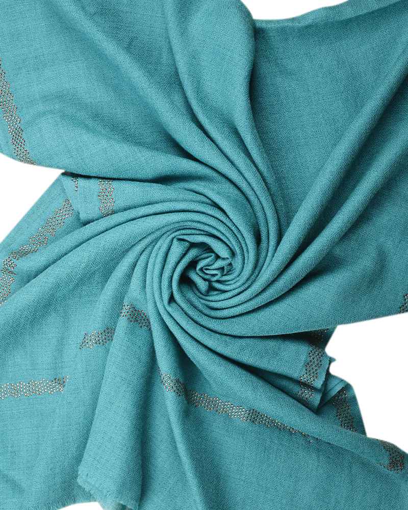 Pashmina Wool Single Line Crystal Border Stole Turquoise