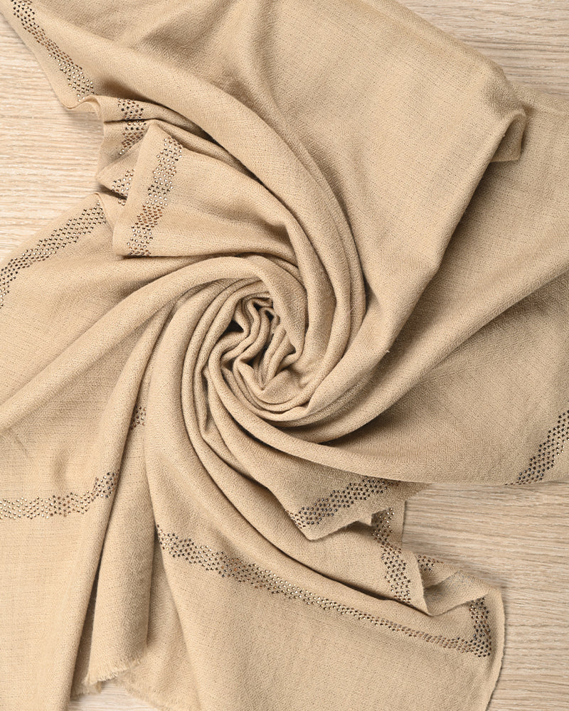 Beige Pashmina Wool Single Line Crystal Border Stole