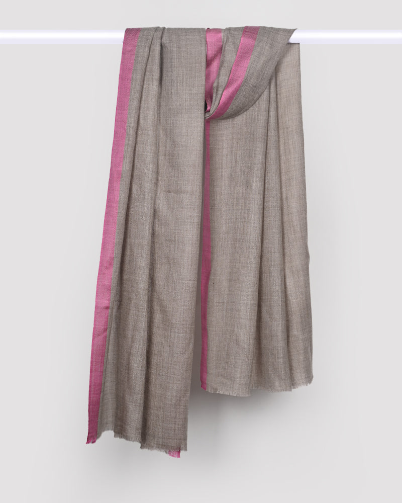 Pashmina Wool Silk Kandi Border Stole- Beige with Pink Border
