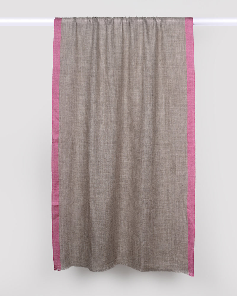 Pashmina Wool Silk Kandi Border Stole- Beige with Pink Border