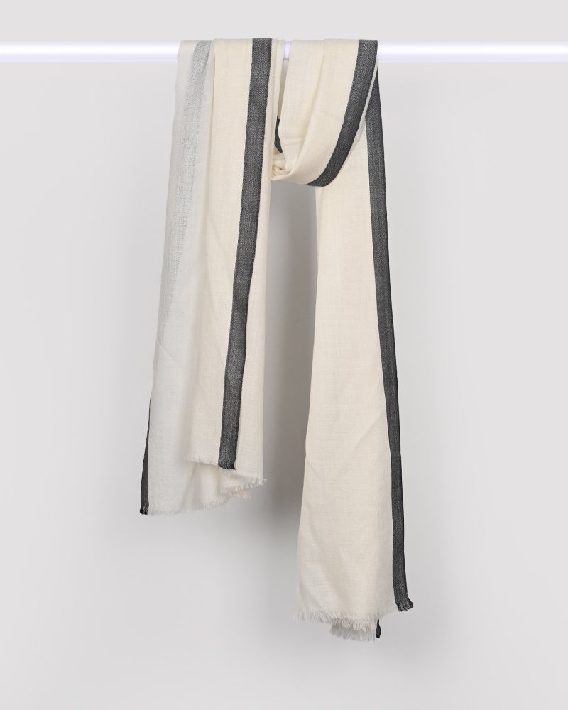 White Pashmina Wool Silk Kandi Border Stole