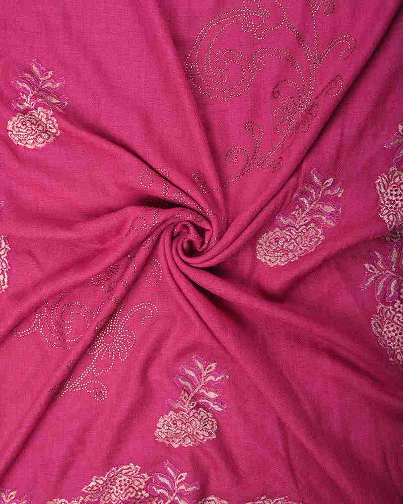 Magenta Pink Pashmina Wool Crystal Lace Stole