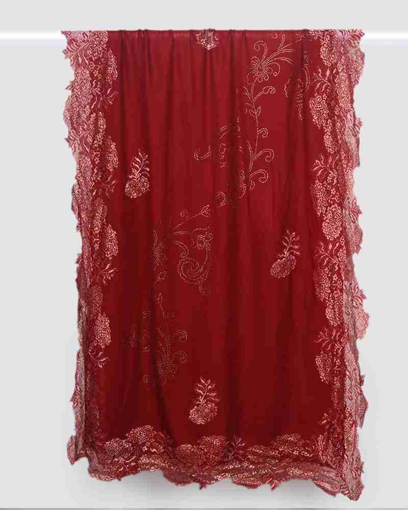 Maroon Pashmina Wool Crystal Lace Stole