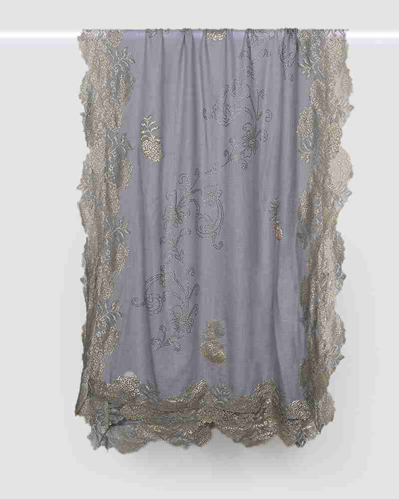 Grey Pashmina Wool Crystal Lace Stole