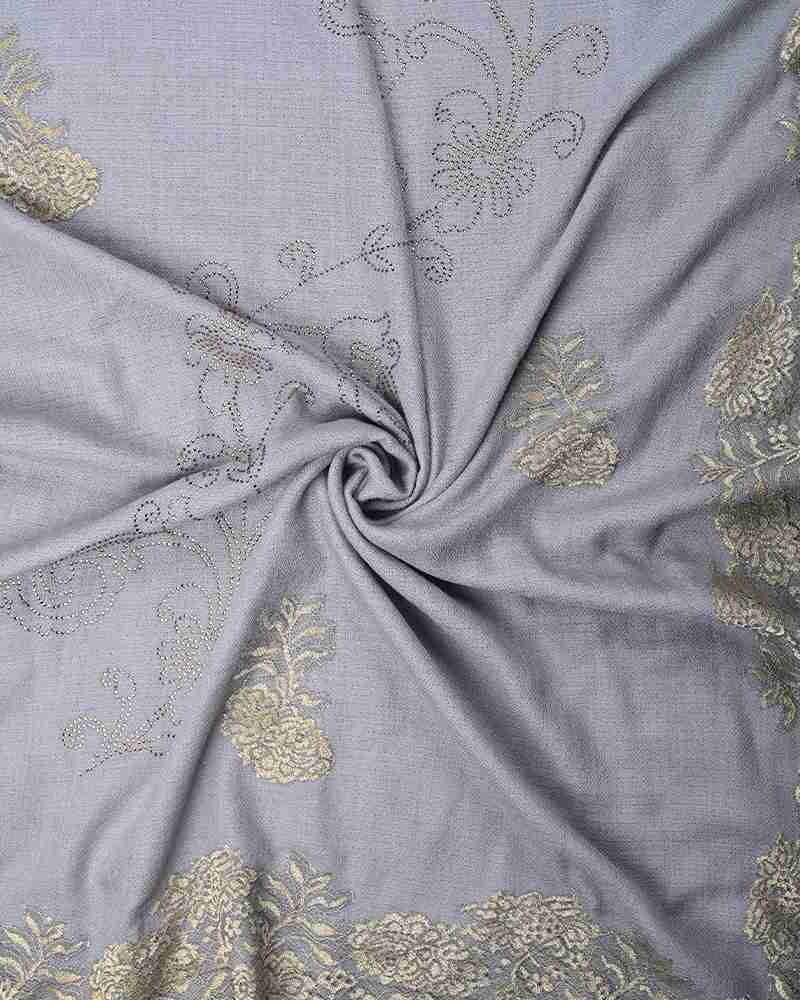 Grey Pashmina Wool Crystal Lace Stole
