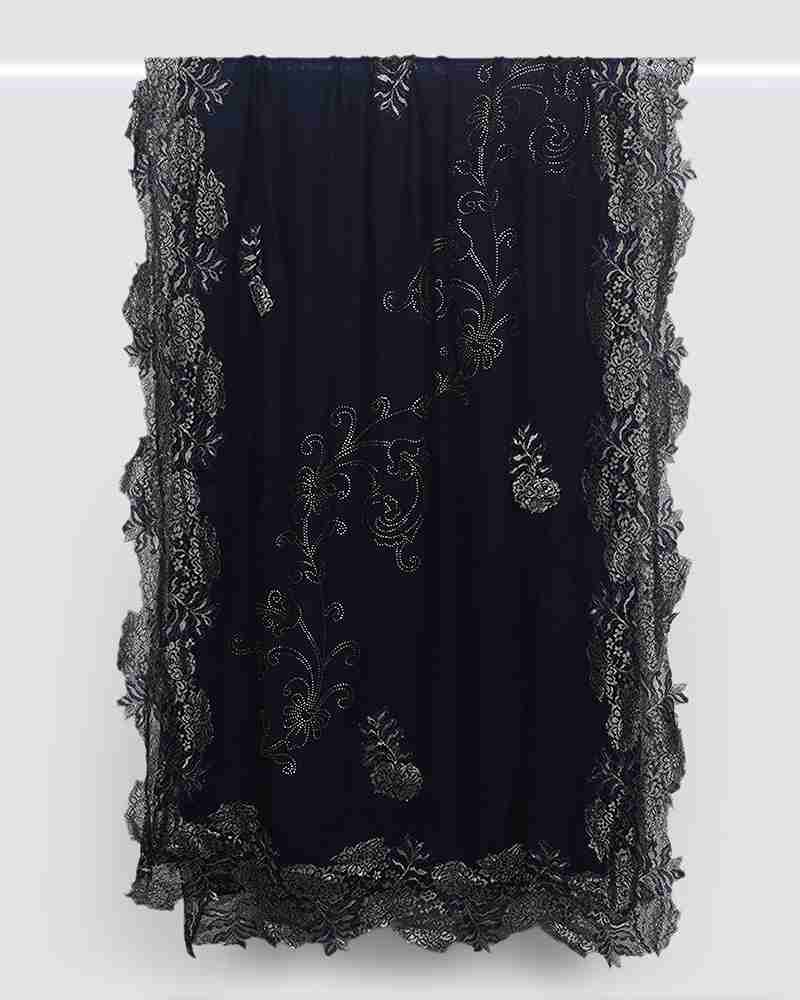 Navy Blue Pashmina Wool Crystal Lace Stole