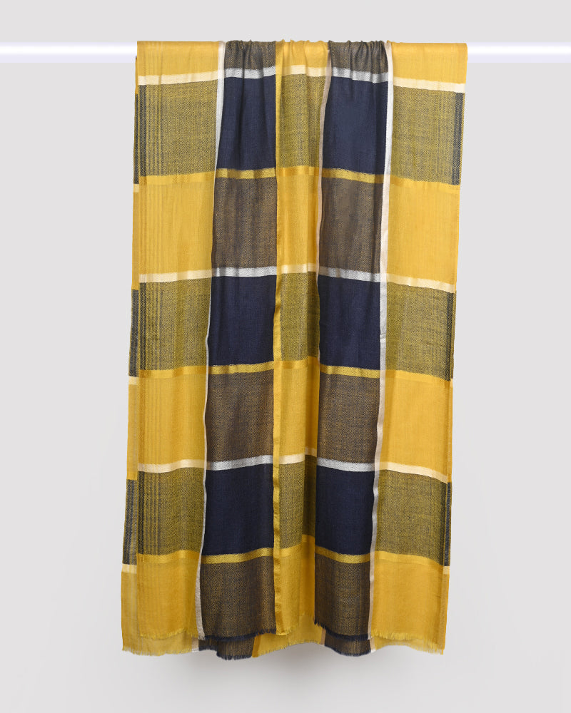 Plaid curtain with yellow, blue, and green pattern