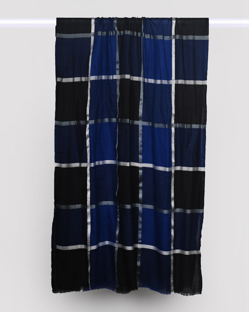 Black and blue checkered curtain