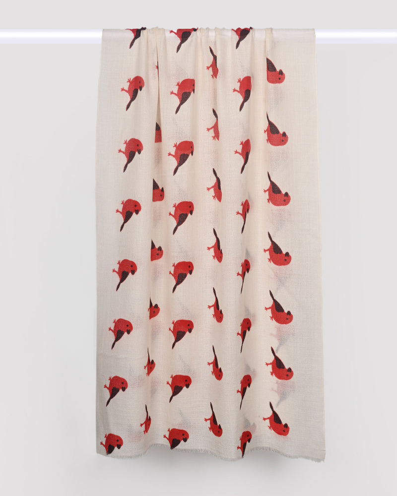 Sheer curtain with red and black bird pattern