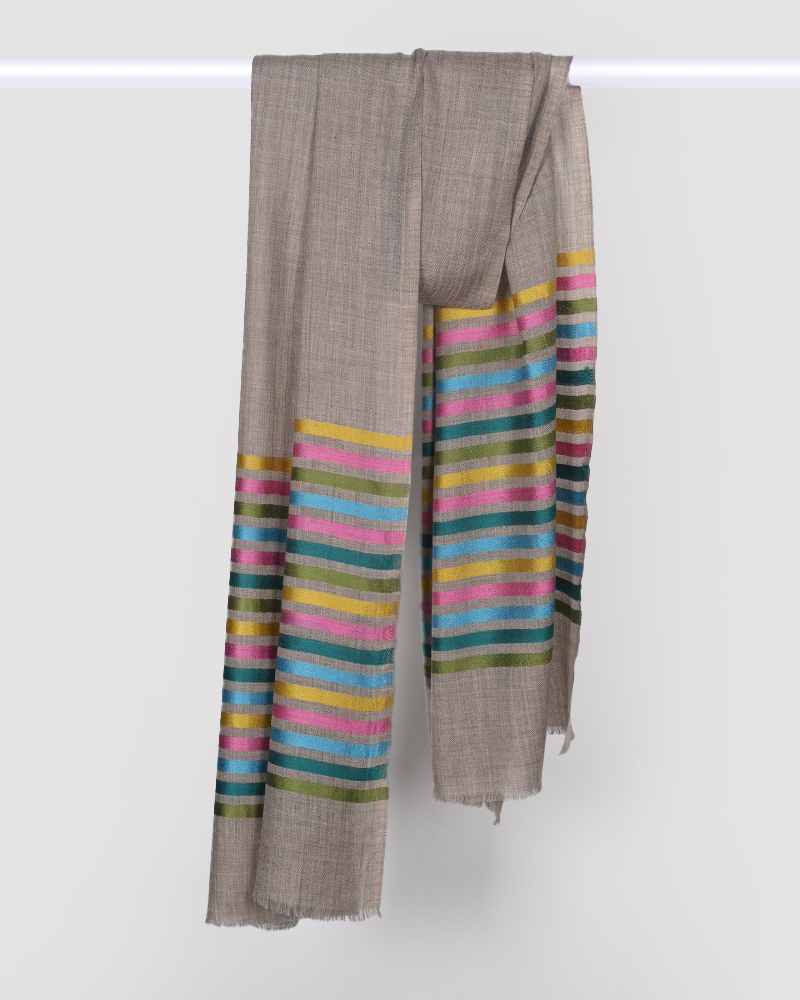 Beige Pashmina Wool 14/Silk Stripe Stole