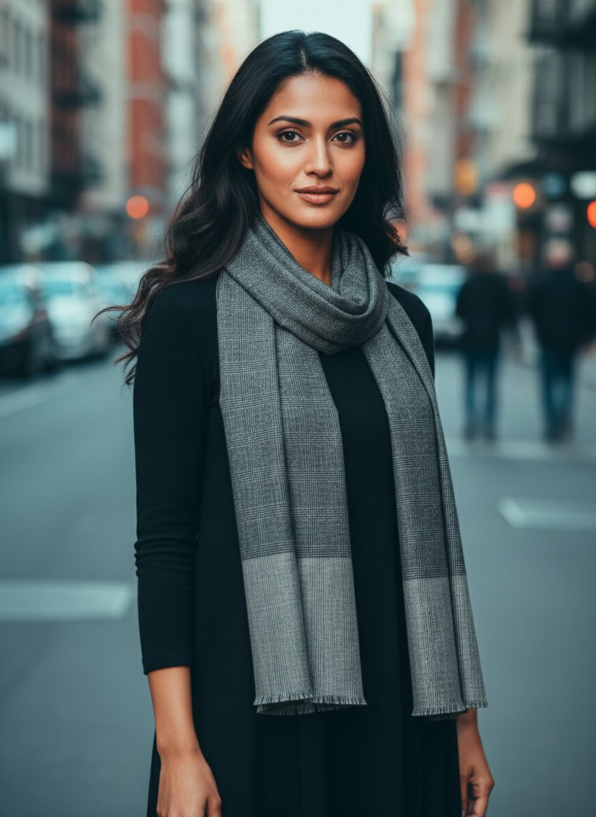 Black Pashmina Wool Natural Check Stole