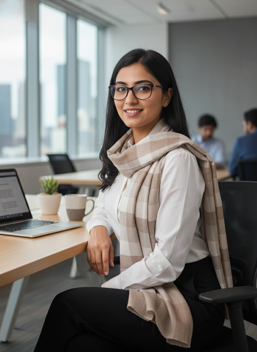 Cream Pashmina Wool Natural Check Stole