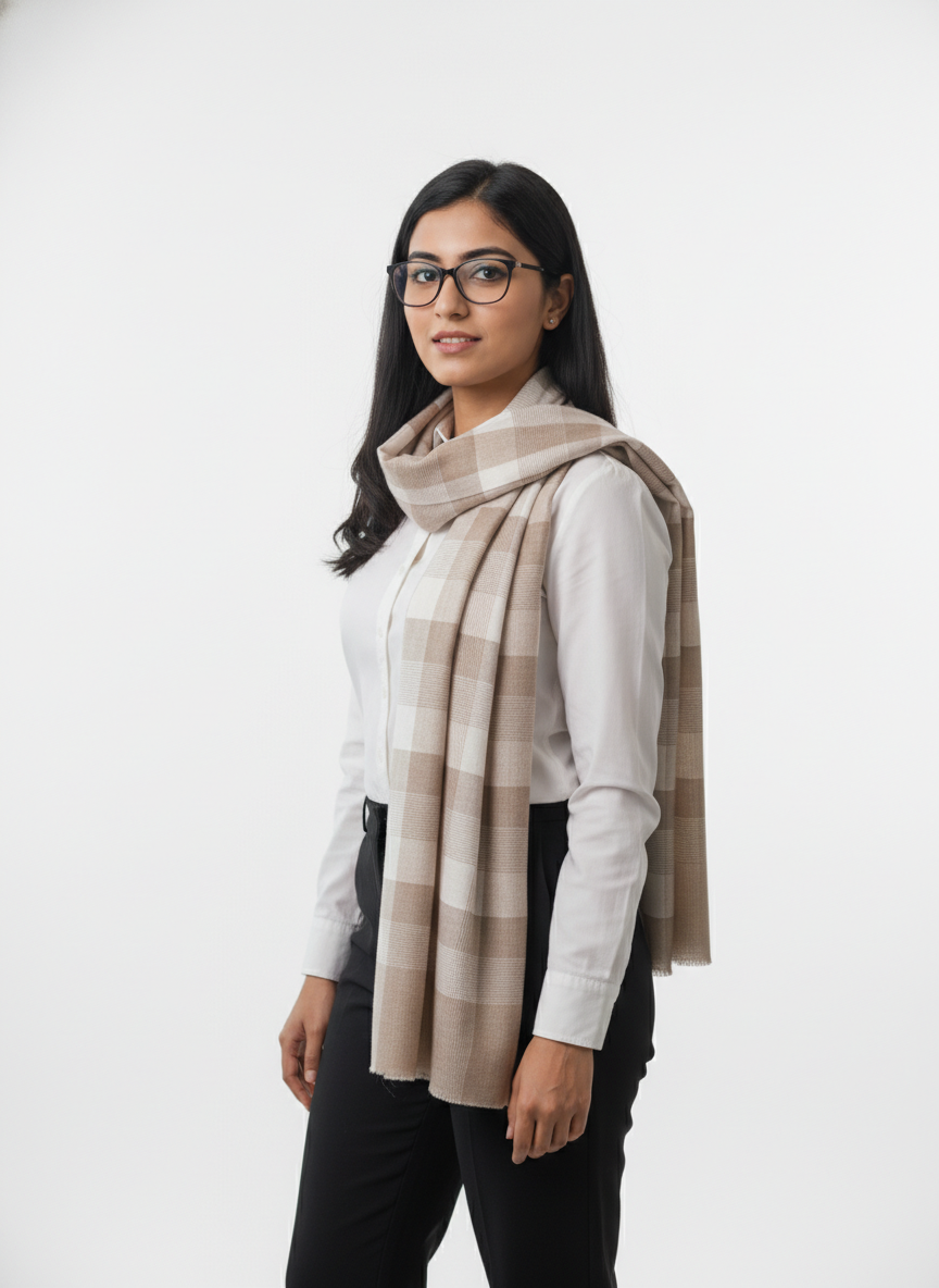 Cream Pashmina Wool Natural Check Stole
