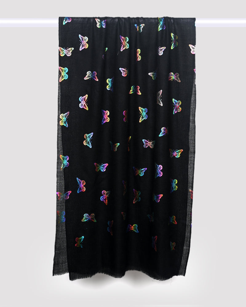 Black  Pashmina Wool Foil Print Stole- Rainbow Butterfly Design