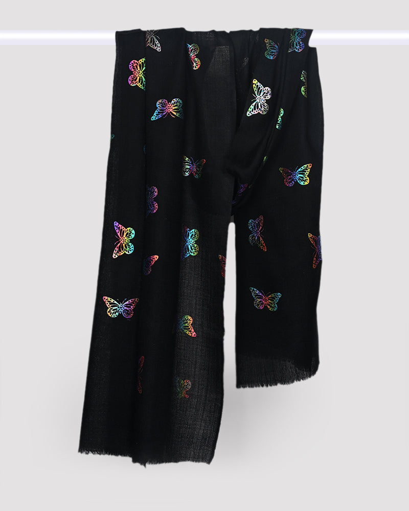 Black  Pashmina Wool Foil Print Stole- Rainbow Butterfly Design