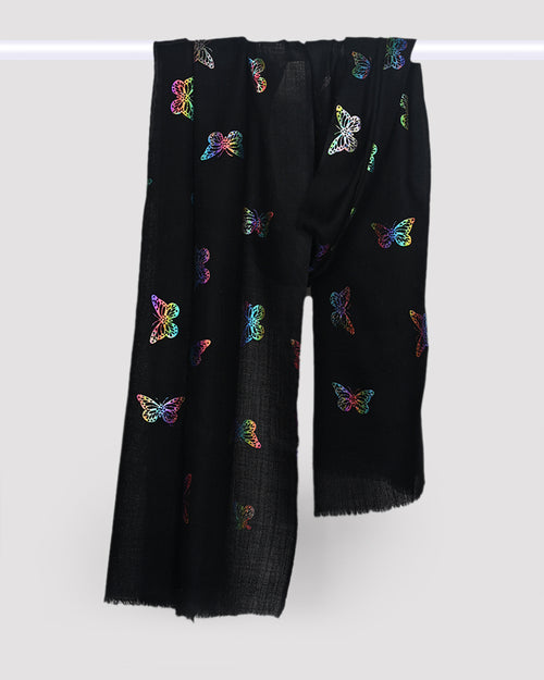 Black  Pashmina Wool Foil Print Stole- Rainbow Butterfly Design