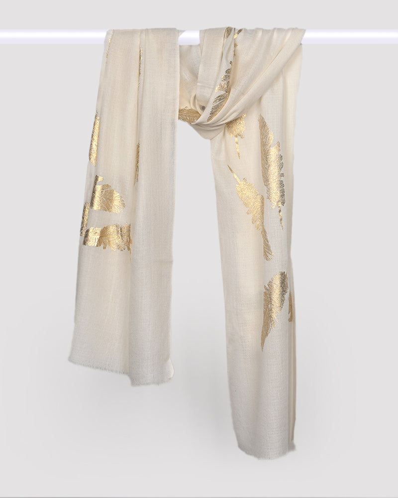 White Pashmina Wool Foil Print Stole