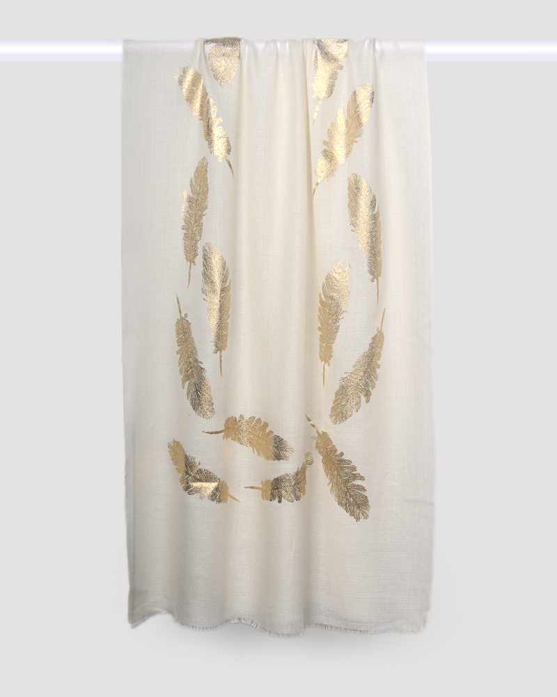 White Pashmina Wool Foil Print Stole- Feather Design