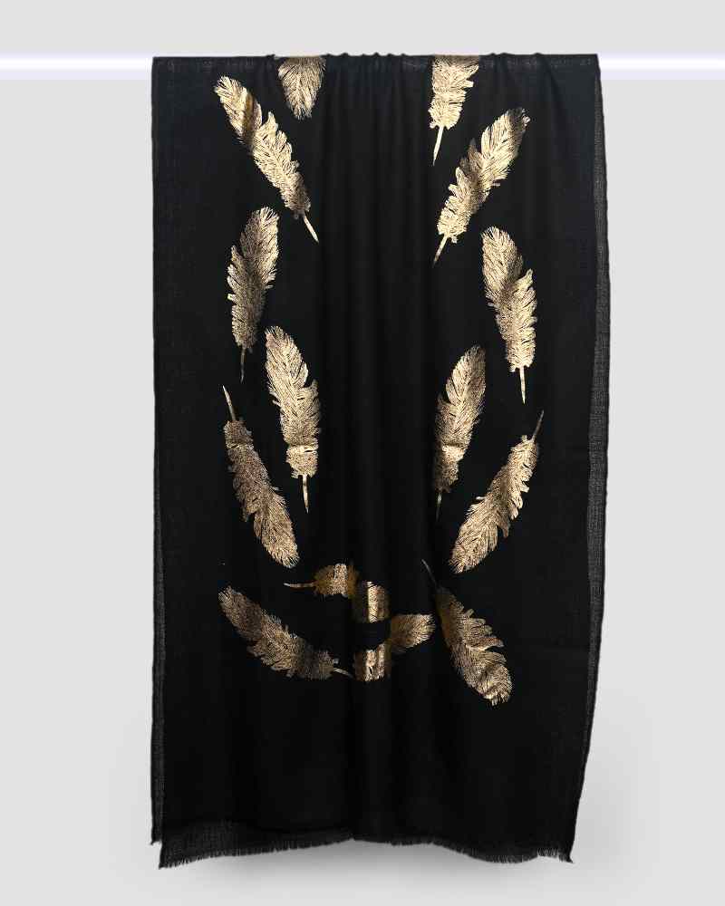 Black Pashmina Wool Foil Print Stole- Feather Design