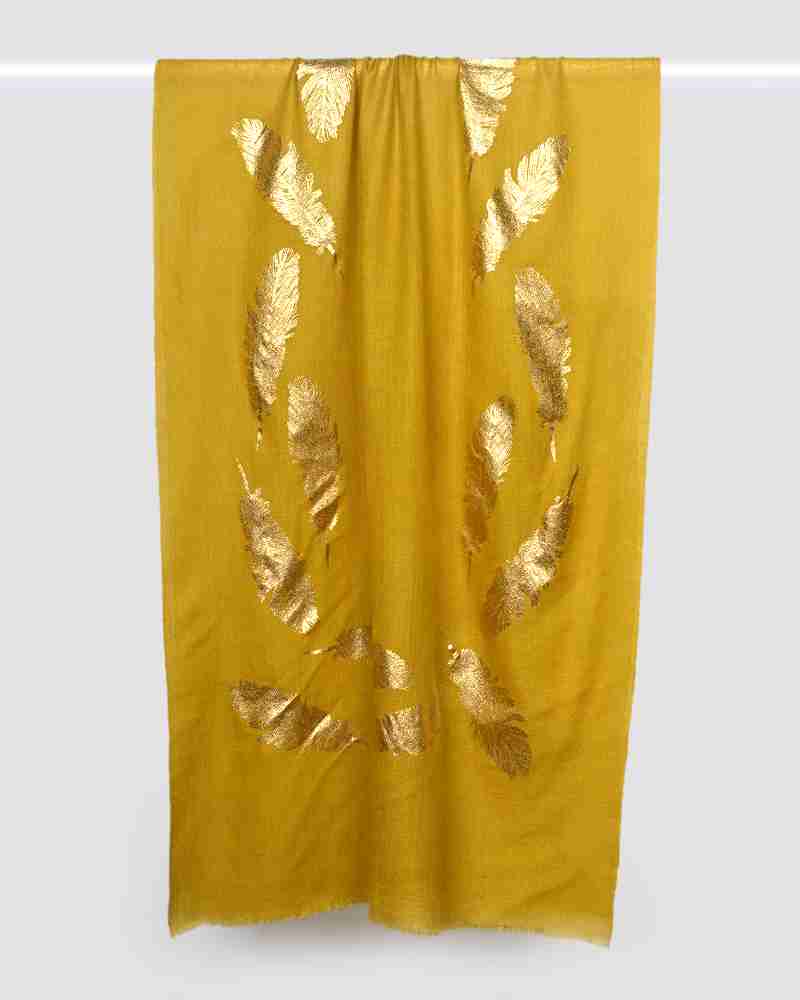 Yellow Pashmina Wool Foil Print Stole- Feather Design