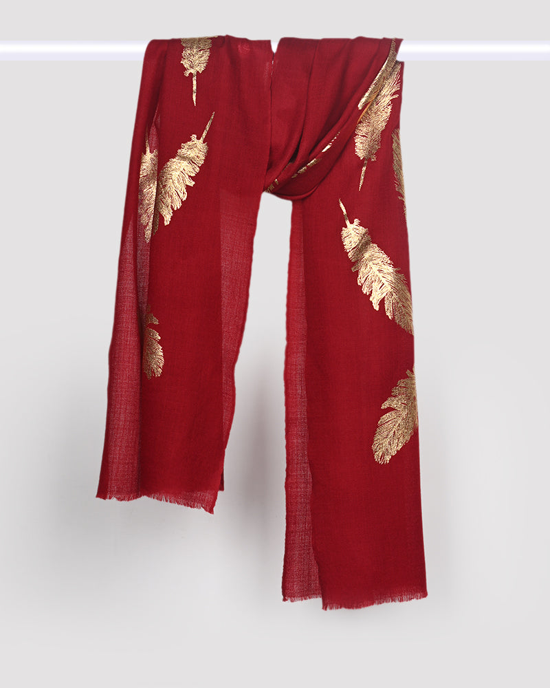 Maroon Pashmina Wool Foil Print Stole