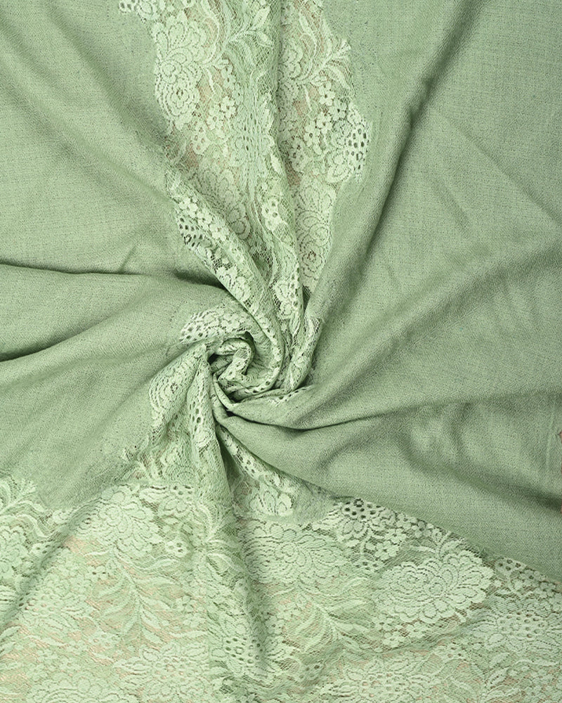 Green Pashmina Wool Eye Design Lace Stole