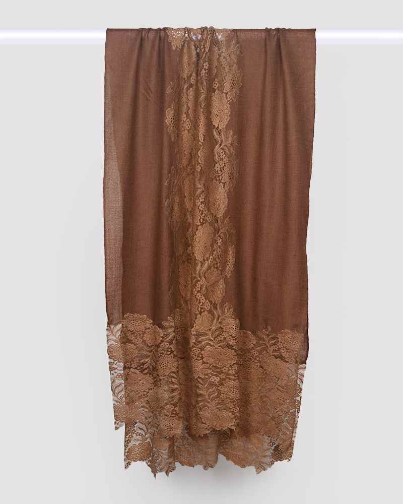 Brown Pashmina Wool Eye Design Lace Stole