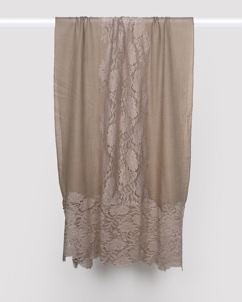 Beige Pashmina Wool Eye Design Lace Stole