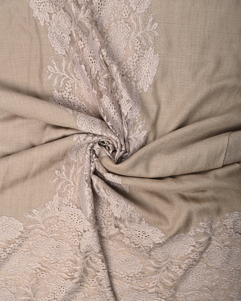 Beige Pashmina Wool Eye Design Lace Stole