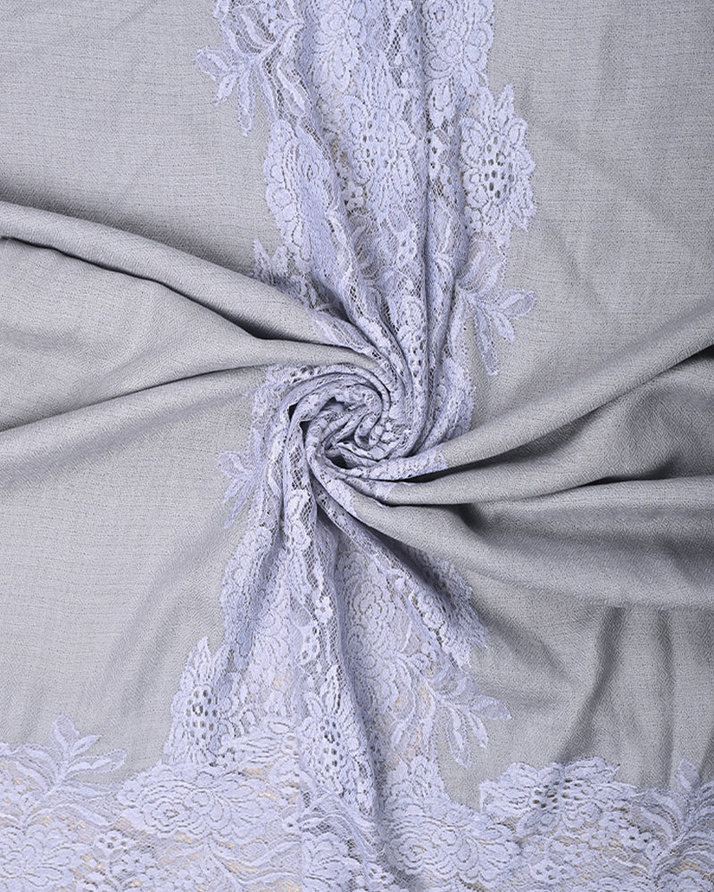 Grey Pashmina Wool Eye Design Lace Stole