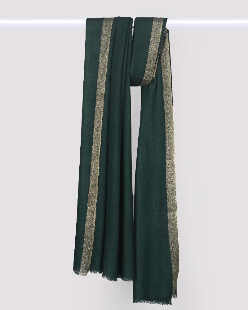 Green Pashmina Wool Zari Kandi Border Stole