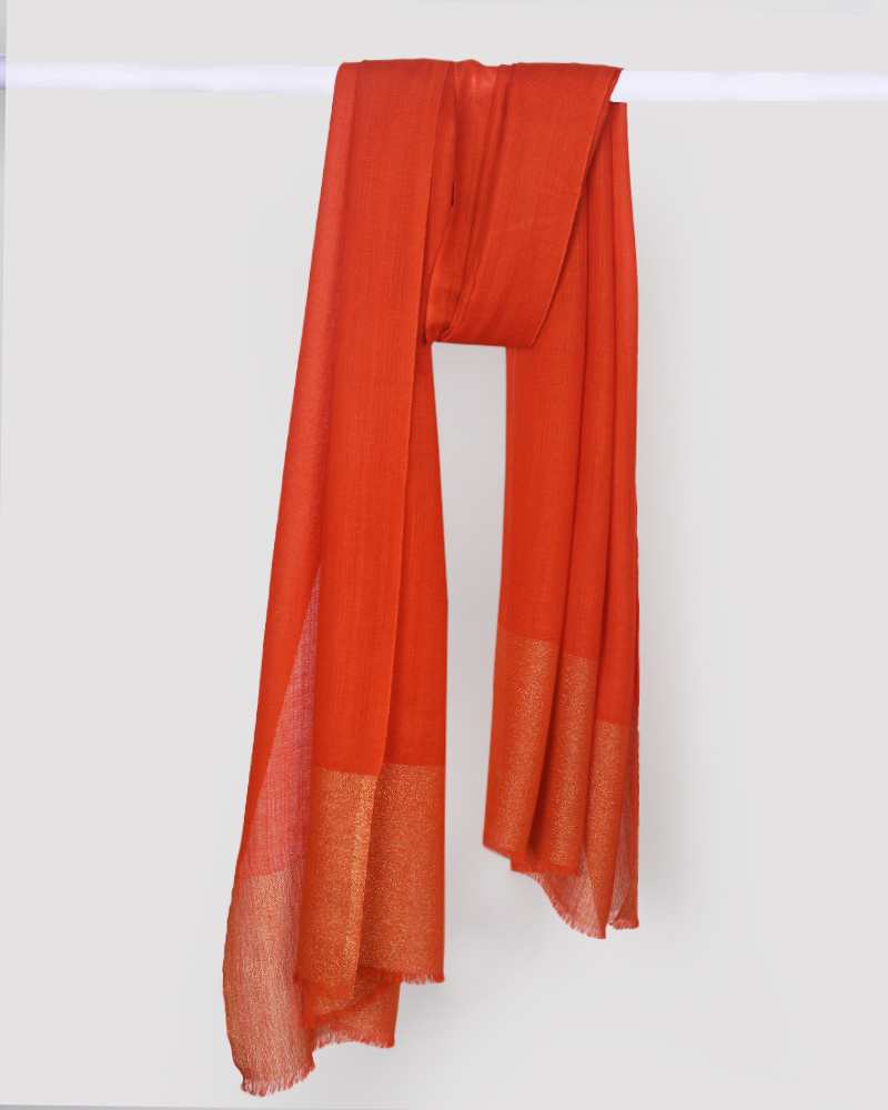 Orange Pashmina Wool Zari Palla Stole