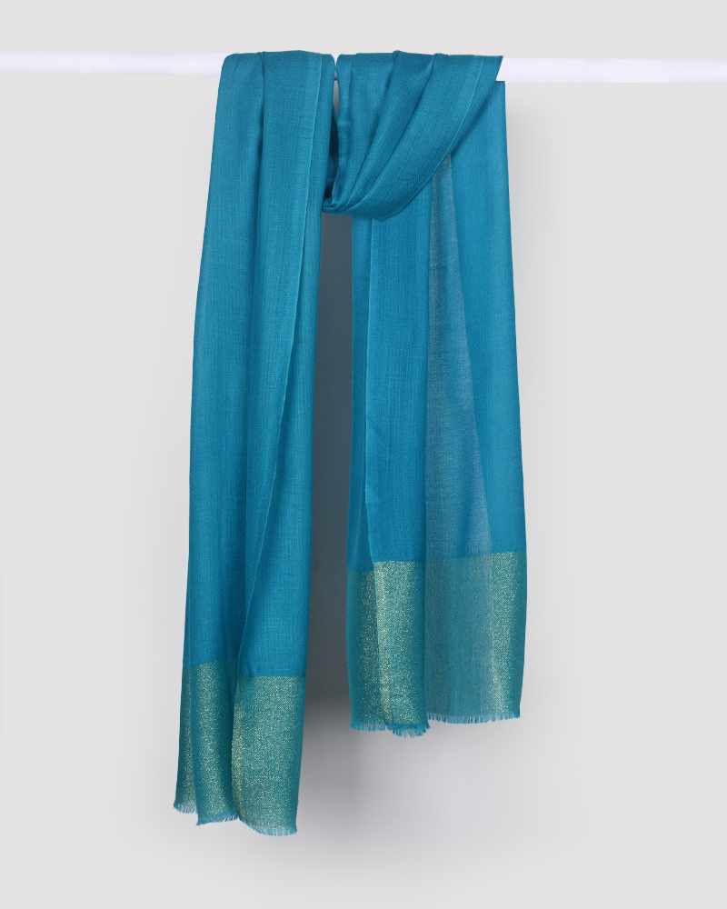 Turquoise Pashmina Wool Zari Palla Stole