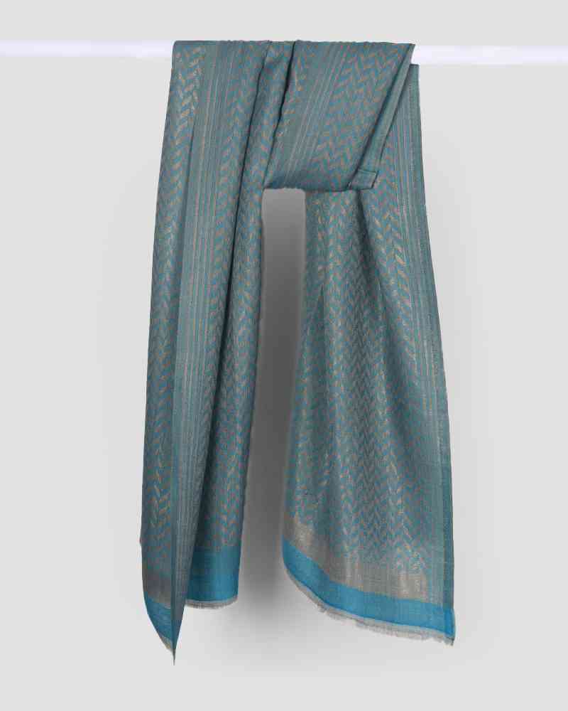 Turquoise Pashmina Wool Zari Chevron Pattern Stole