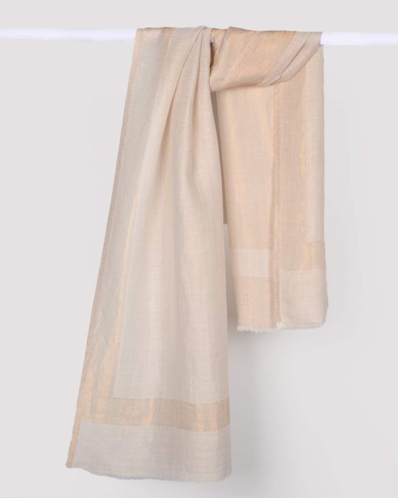 White Pashmina Wool 4 Side Zari Border Stole