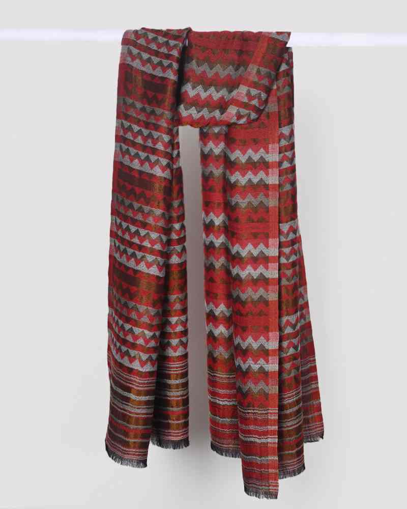 Pashmina Wool Zari Zig-Zag Stole Red
