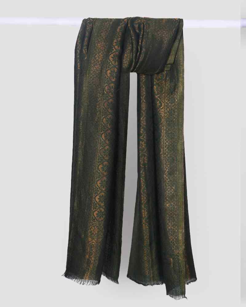 Pashmina Wool Self Zari Stole Green