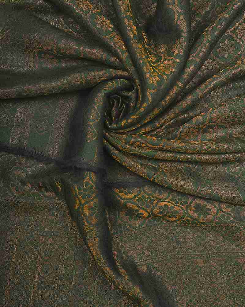 Pashmina Wool Self Zari Stole Green