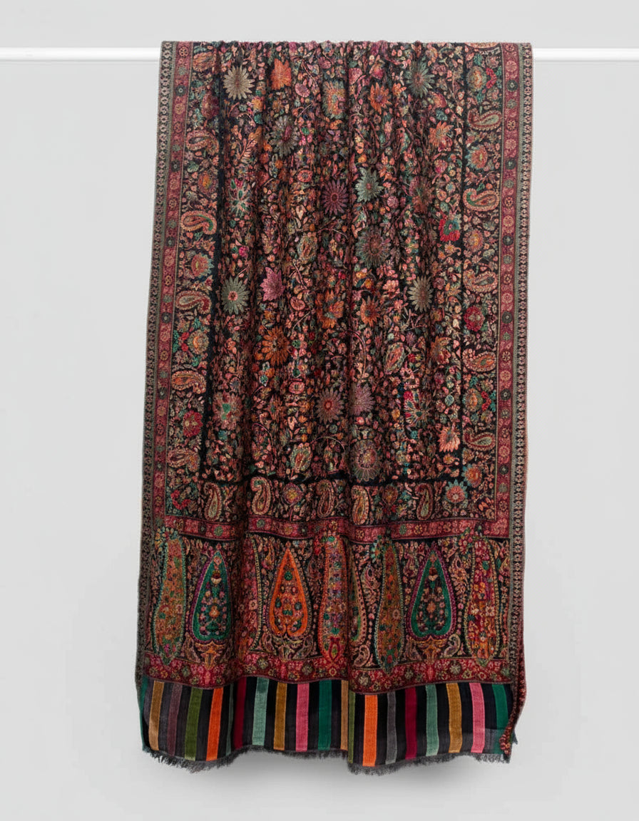 A pashmina wool kani stole with detailed patterns, displayed on a plain background.

