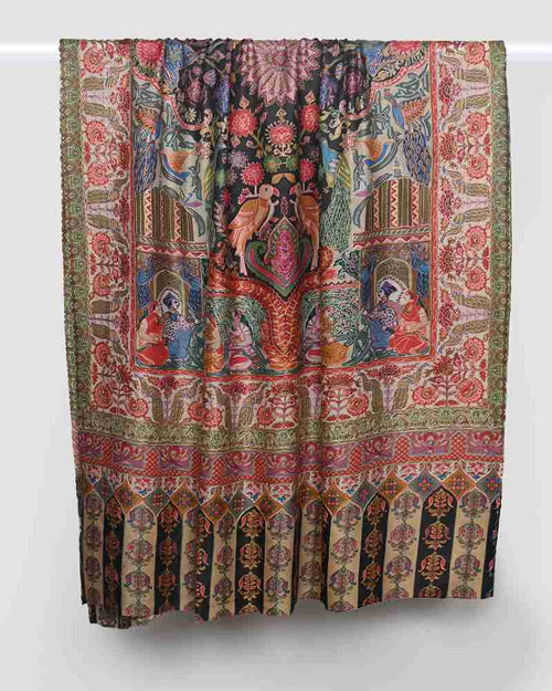 cream-colored pashmina wool shawl with detailed Kalamkari embroidery