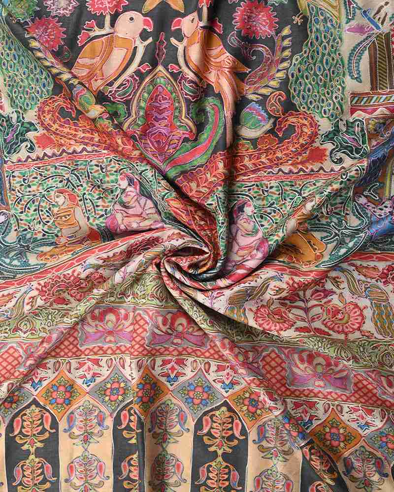 Pashmina Wool Kalamkari Embroidery Shawl Cream