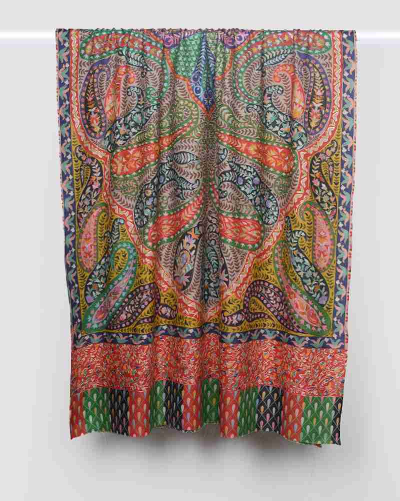Pashmina Wool Kalamkari Embroidery Shawl Yellow