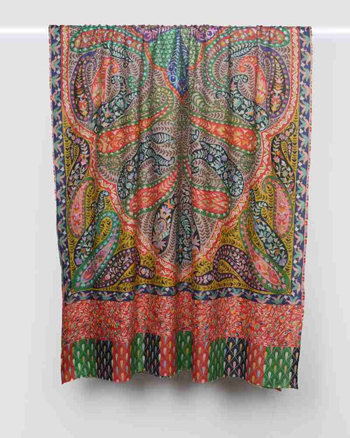 Pashmina Wool Kalamkari Embroidery Shawl Yellow