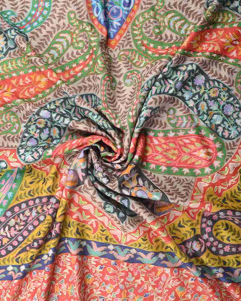 Pashmina Wool Kalamkari Embroidery Shawl Yellow