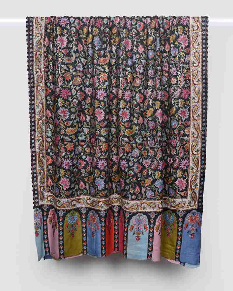Pashmina Wool Kalamkari Embroidery Shawl Black